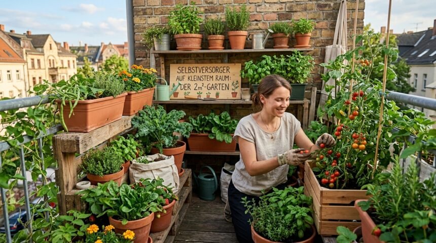 Selbstversorger auf kleinstem Raum: Der 2m²-Garten - Kleiner 2m²-Garten mit Hochbeeten, Kräutern und Gemüse in sonnigem Hinterhof.