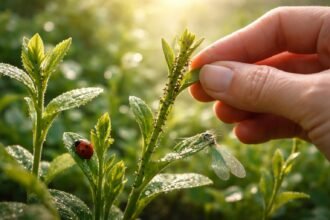 Frischer Trieb aus dem April-Garten, bedroht von Schädlingen, geschützt durch natürliche Gegenmaßnahmen.