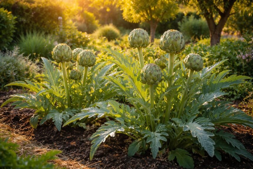 -Silbrig-grüne Artischocken im Beet, verbinden Zierwert, Nutzen und mediterrane Note.