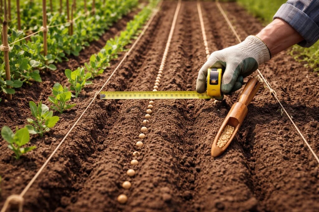 - Jungpflanzen von Erbsen und Bohnen in Reihen mit sichtbarem Abstand.