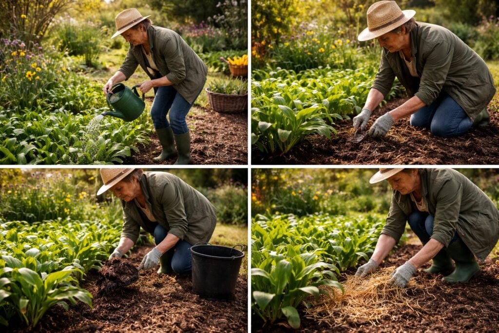 Grüner Bärlauch wächst gesund im sonnigen Gartenbeet mit Kompost und Mulch.