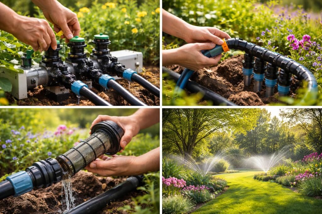 - Schläuche prüfen, Ventile öffnen, Filter reinigen, Düsen überprüfen, Schritt für Schritt spülen