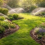 Frisch erwachender Garten mit Sprinkleranlage, Uhrzeitsteuerung und frischem Grün unter strahlendem Frühlicht