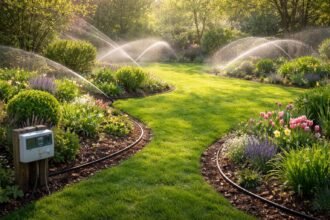 Frisch erwachender Garten mit Sprinkleranlage, Uhrzeitsteuerung und frischem Grün unter strahlendem Frühlicht