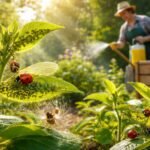 Gärtner präsentiert biologische Gegenmaßnahmen gegen Blattläuse im naturnahen Garten, mit Nützlingen.