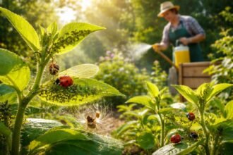 Gärtner präsentiert biologische Gegenmaßnahmen gegen Blattläuse im naturnahen Garten, mit Nützlingen.