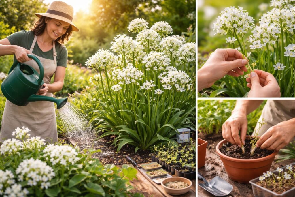 Dolden-Milchstern: Pflanzen, Wirkung & Giftigkeit - Blühende Dolden-Milchstern-Pflanze im sonnigen Garten, pflegeleicht, giftig, und bestäubend für Bienen.