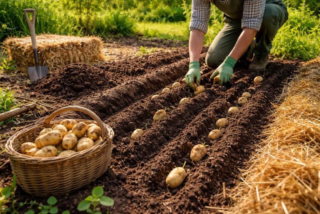 - Fruchtbarer Boden, gut gelockert, Kartoffeln setzen, Reihen anlegen, Mulchen und gießen.