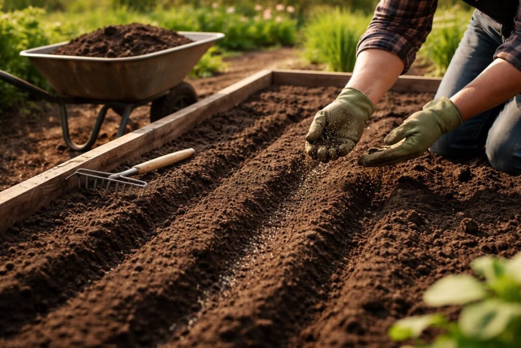 Frisch vorbereiteter Boden, gleichmäßiges Ausbringen von Phacelia-Samen in der Reihe.