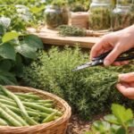 Bohnenkraut im Kräutergarten, sonnig, windgeschützt, frische grüne Blätter am Fensterbrett.