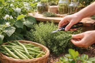 Bohnenkraut im Kräutergarten, sonnig, windgeschützt, frische grüne Blätter am Fensterbrett.