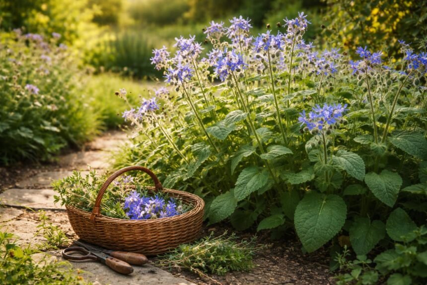 - Borretsch im Beet, blaue Blüten, aromatisch riechendes Küchenkraut, bienenfreundlich und pflegeleicht.