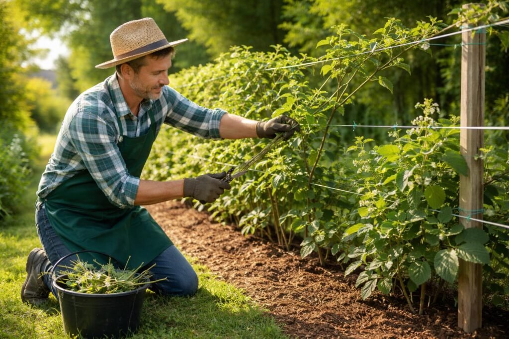 Gärtner lichtet Brombeeren aus und stärkt Triebe für eine ertragreiche Ernte