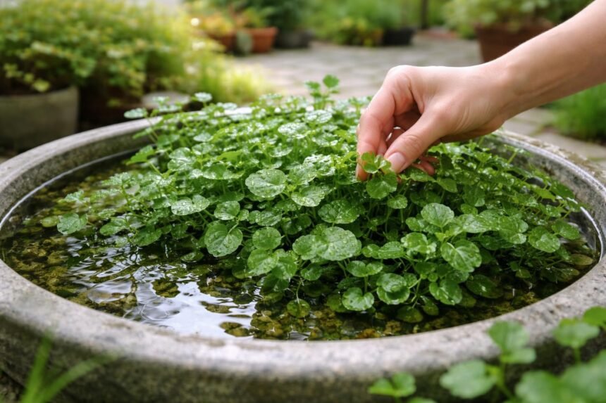 - Brunnenkresse im Frühbeet, frisch geerntet, aromatisch, grün, vital und frisch duftend
