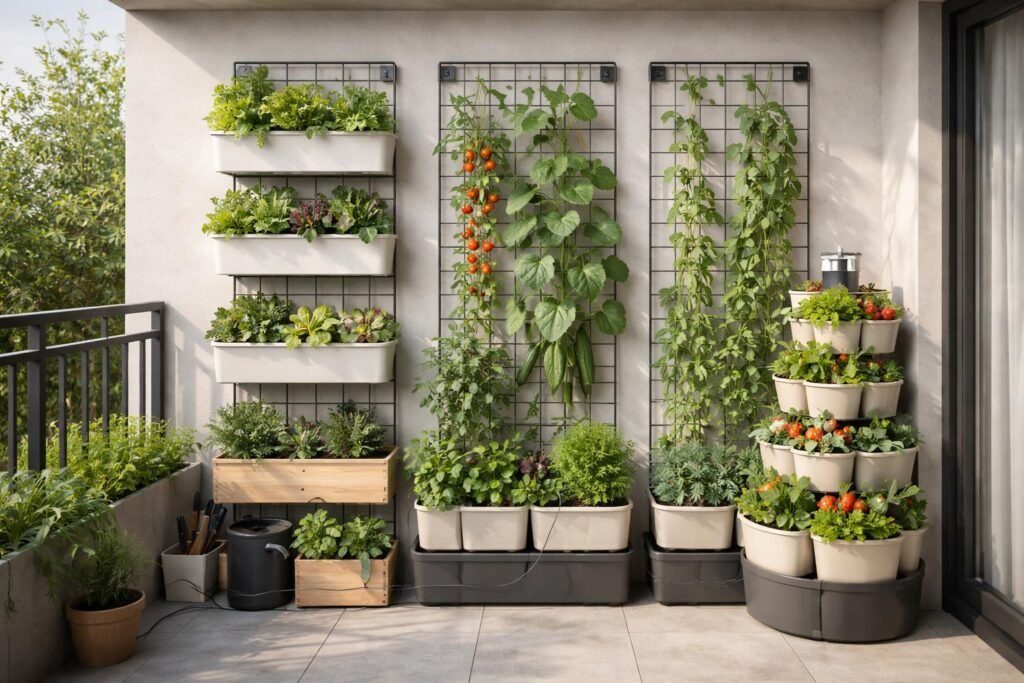Vertikale Gärten: Platzsparende Gemüse-Ideen Vertikales Gartenkonzept setzt Rankhilfen ein und spart Platz in Stadtgärten.