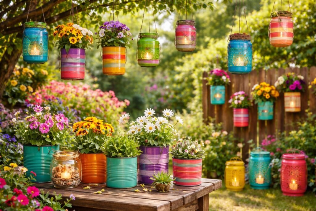 Verschiedene Konservendosen und Gläser dienen als bunte Gartendeko aus Recyclingmaterial.