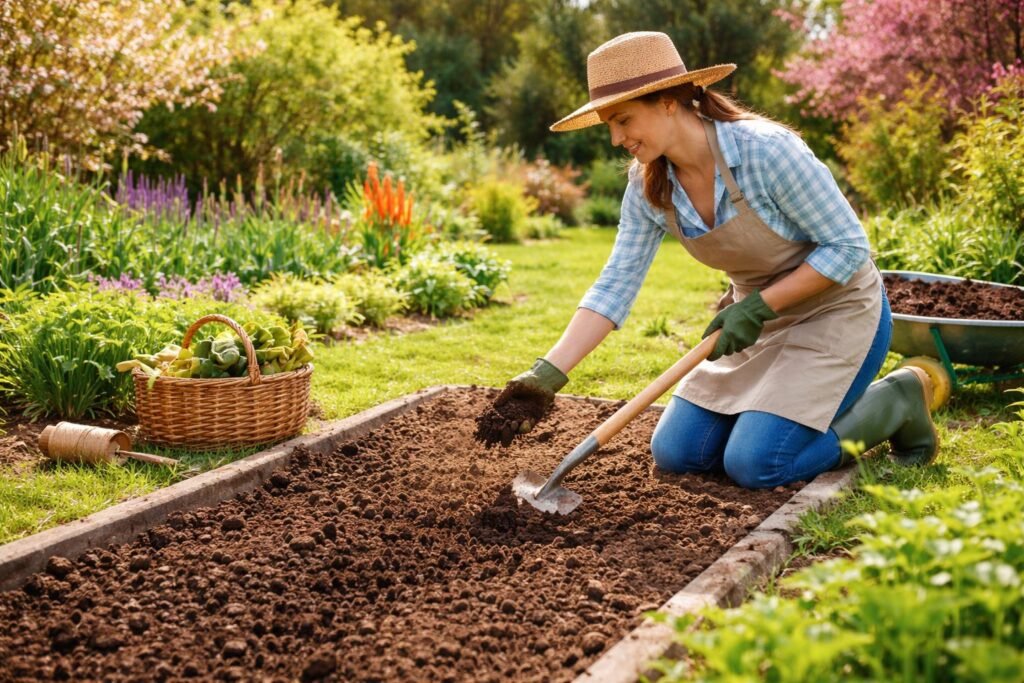 - Frisch gelockerter Gartenboden nach Frühjahrspflege bereitet optimal die Saat vor.