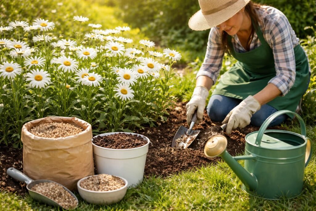 - Effektiver Dünger fördert gesunde Margeriten, kräftige Triebe und üppige Blütenbildung