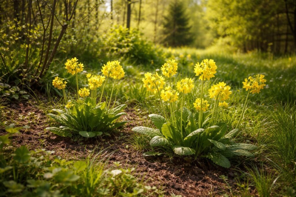 Die Schlüsselblume gedeiht am sonnig-feuchten Waldrand; nährstoffreicher Boden bevorzugt, mit mäßigem Schatten.
