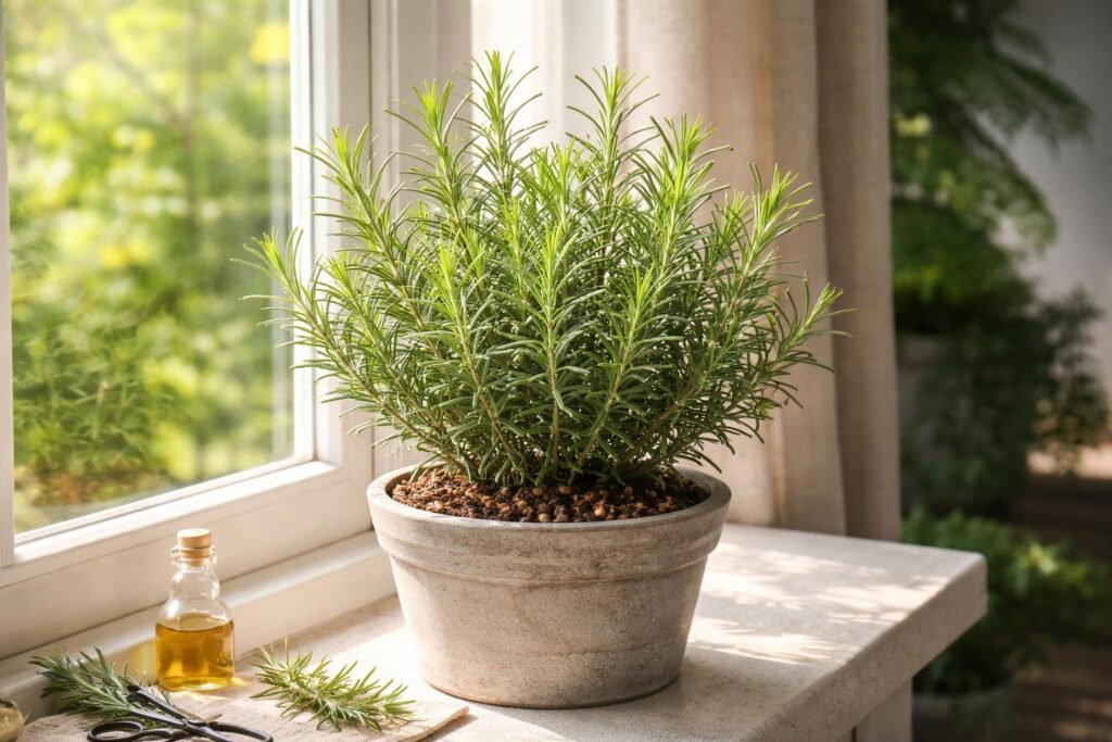 Rosmarin im Frühling an sonnigem Standort mit frischen Trieben sichtbar