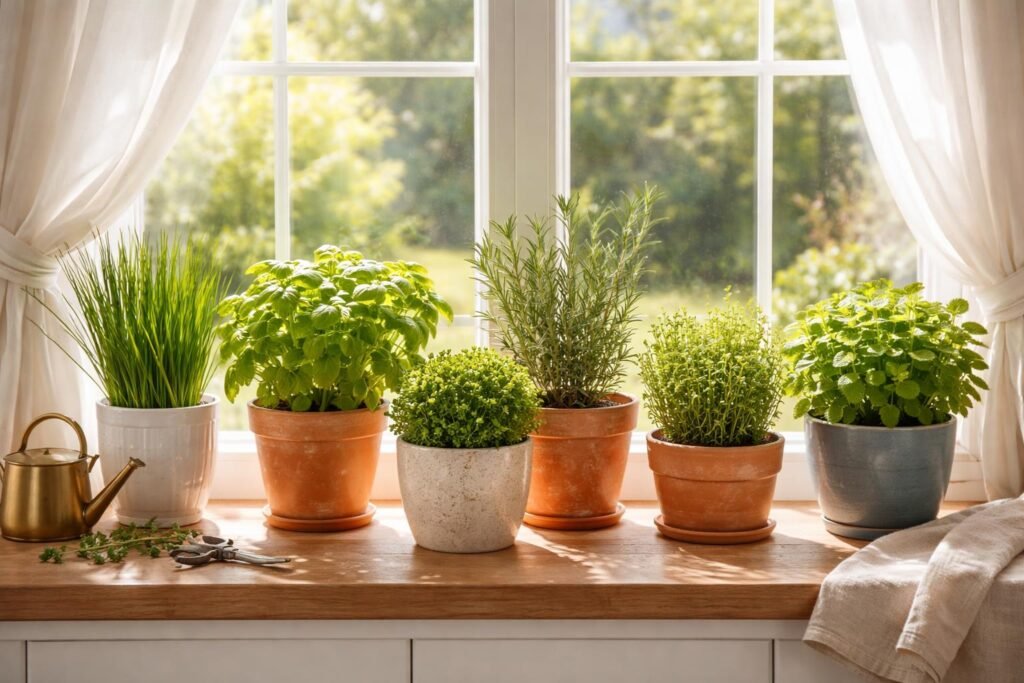 - Frische Kräuter auf der Fensterbank gedeihen dank Sonne, Wasser und Luft.