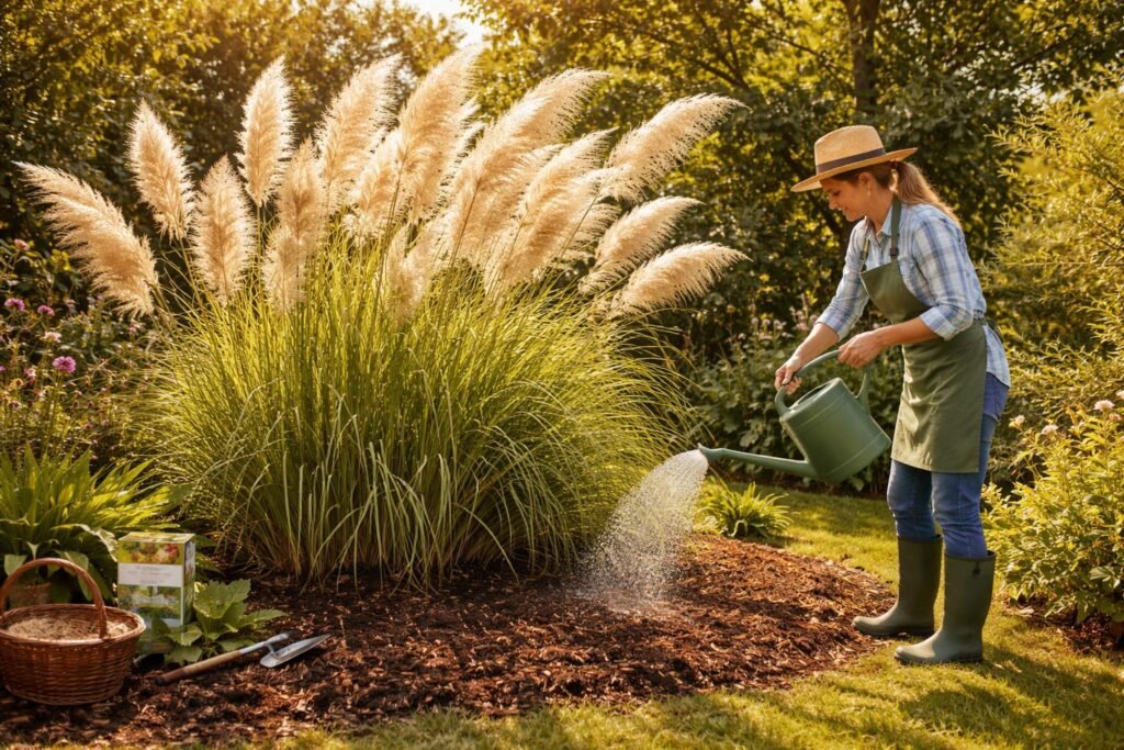 Pampasgras im Sonnenlicht, standhaft, elegant und ideal für große Gärten.