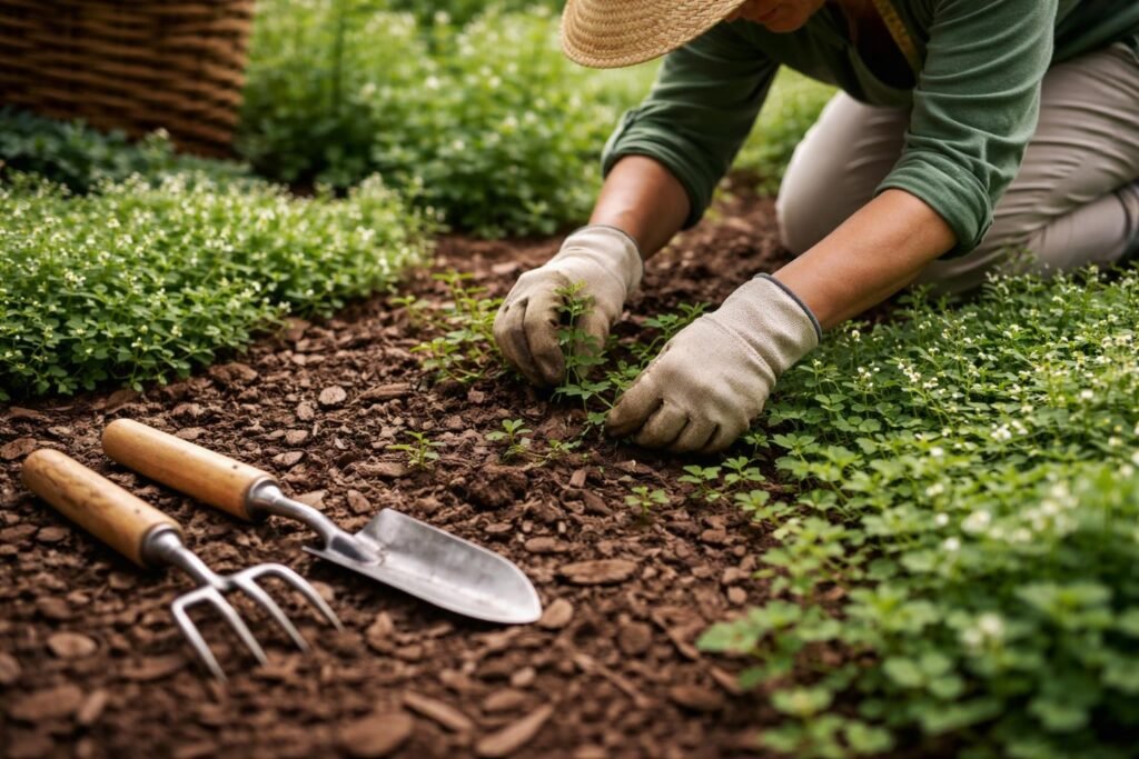 Gartenbesitzer entfernt behutsam Unkraut mit Handwerkzeugen, Mulch deckt den Boden.