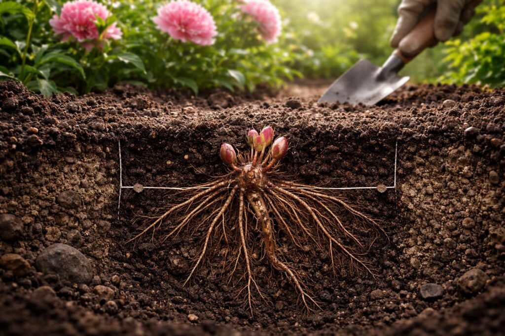 Pfingstrosen pflanzen: 5 Experten-Tipps zur Auspflanzung - Die ideale Pflanztiefe sorgt für kräftige Blüten und stabile Pfahlwurzeln.