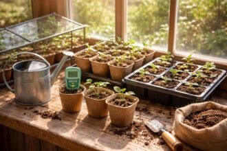 Frisch gepflanzte Setzlinge unter Glas, Frühbeet, Licht und Wärme im April