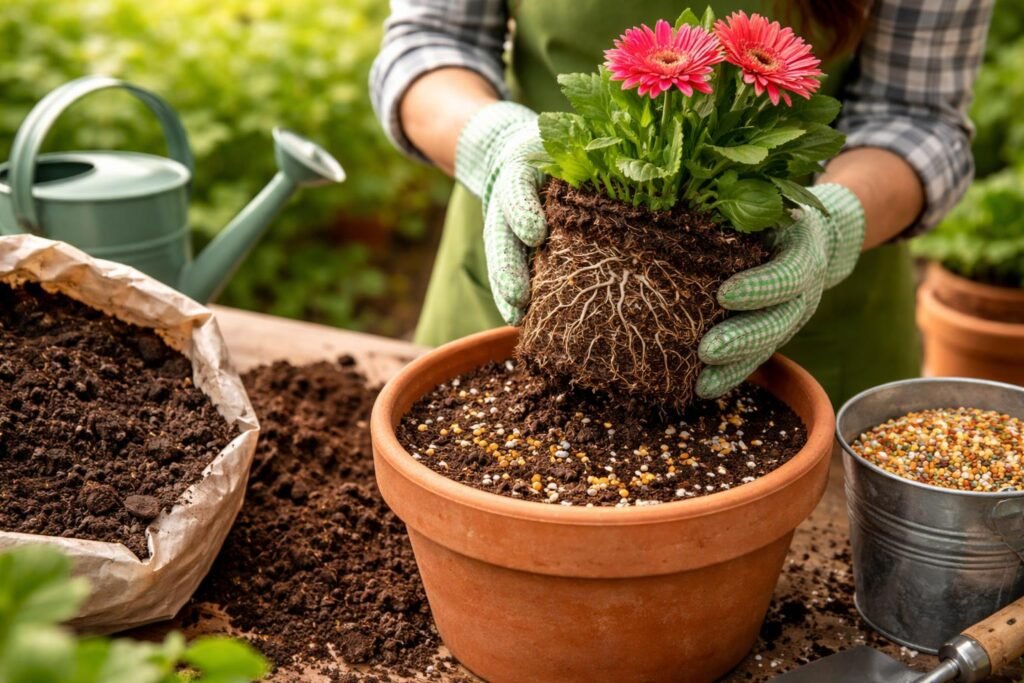 Nachhaltige Nährstoffversorgung durch Düngen und Umtopfen sichert Gerbera kräftige Blüten.