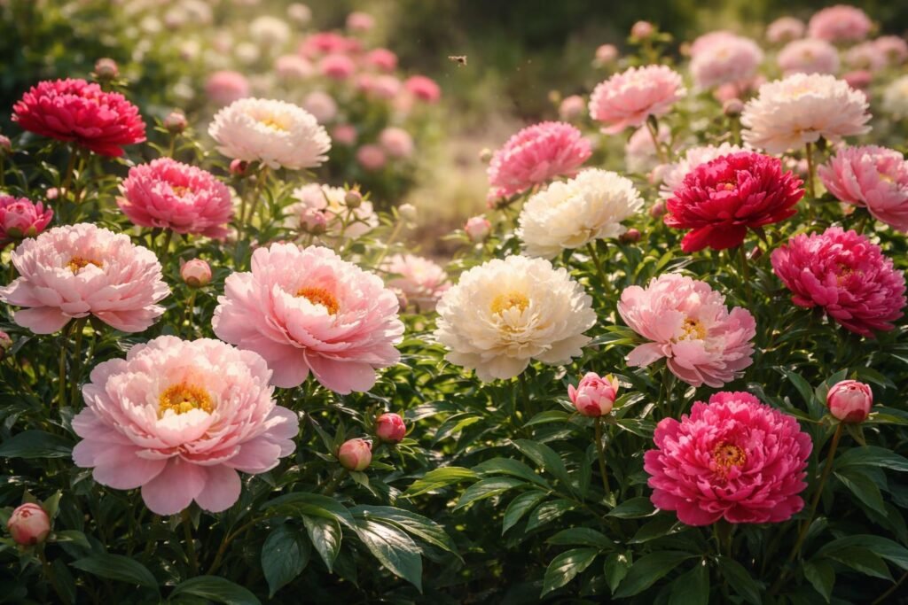 - Duftende Pfingstrosen im sonnigen Beet, farbenprächtig blühend und romantisch im Garten.