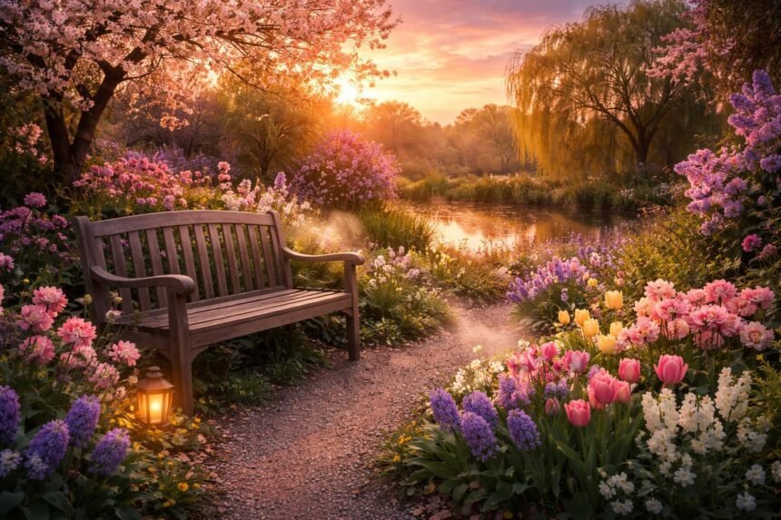 Duftgarten im Abendlicht, milde Aprilstimmung, Blütenduft erleben, sanfte Farben genießen