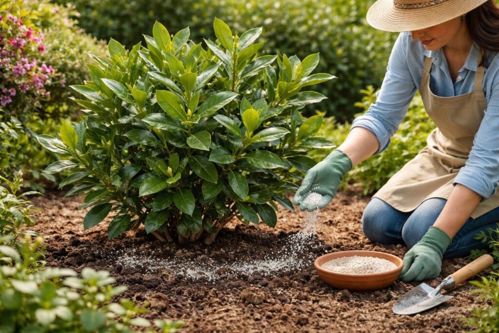 Lorbeerpflanze erhält Düngung, Schnitt und Bewässerung für kräftiges, gesundes Wurzelwerk