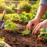 Gärtner pflanzt Erdbeeren im sonnigen Beet für eine frühe Ernte