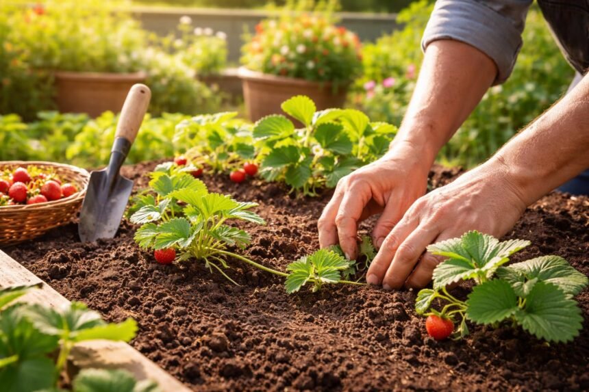 Gärtner pflanzt Erdbeeren im sonnigen Beet für eine frühe Ernte
