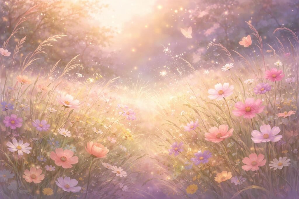 - Duftgarten zeigt milde Aprilabende mit Blütenpracht, Farben und Formen, sanft sichtbar.