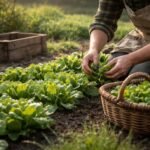- Feldsalatbeet im Garten mit zarten, grün glänzenden Blättern und taufrischem Morgenlicht