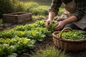 - Feldsalatbeet im Garten mit zarten, grün glänzenden Blättern und taufrischem Morgenlicht