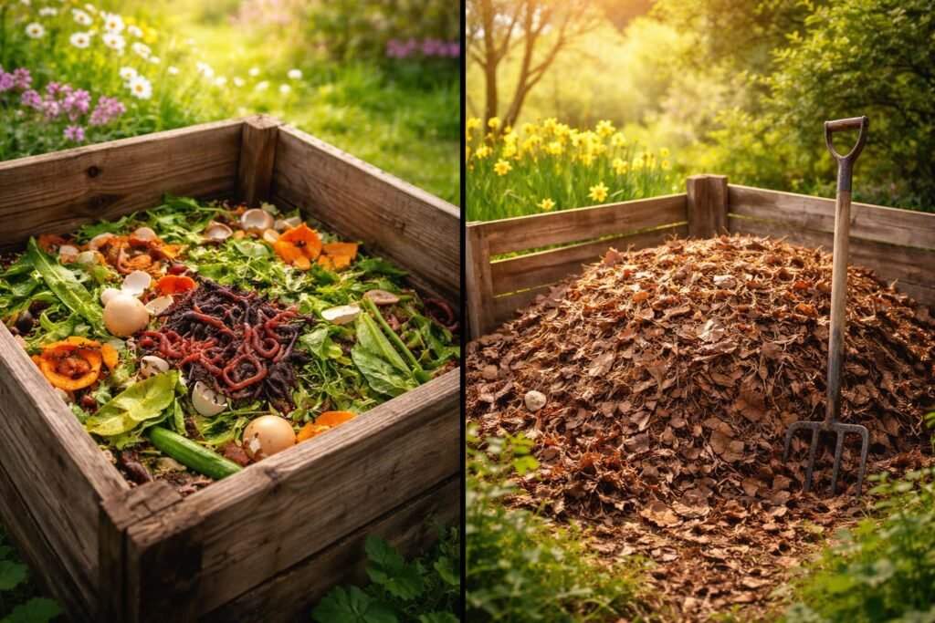 Gartenkompost im April: frische Aktivität gegen ruhende Materialien, Kreislauf sichtbar.