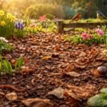 Frühlingsgarten mit liegen gelassenem Laub, Blüten, Insekten und Vielfalt im Beet.