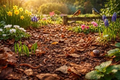 Frühlingsgarten mit liegen gelassenem Laub, Blüten, Insekten und Vielfalt im Beet.