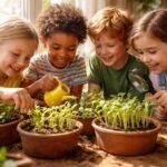 - Kinder gärtnern zusammen, beobachten schnellwachsende Pflanzen, spielerische Naturentdeckung draußen im Garten