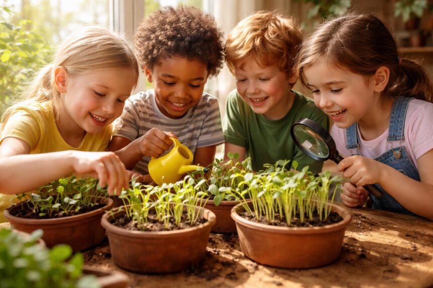 Gärtnern mit Kindern: Schnellwachsende Pflanzen entdecken - Kinder gärtnern zusammen, beobachten schnellwachsende Pflanzen, spielerische Naturentdeckung draußen im Garten