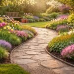 - Frühlingsgarten mit erneuerten Wegen, geräumten Beetkanten, glatten Steinen und entferntem Moos.