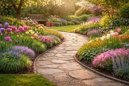 - Frühlingsgarten mit erneuerten Wegen, geräumten Beetkanten, glatten Steinen und entferntem Moos.