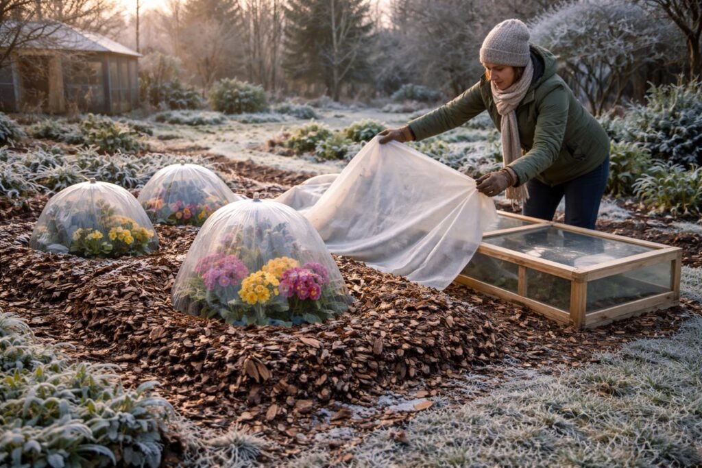 Nahaufnahme von Primelblüten in winterlicher Gartenszene, geschützt vor Nachtfrost durch Mulchabdeckung