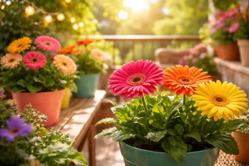 Leuchtende Gerbera in Balkon-Pflanztöpfen, sommerliche Farben, gesunde Blütenpracht und Pflegehinweise.