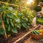 Gurken im Garten; sonnig, frisch geerntet; Rankhilfen, Tropfbewässerung und Pflege.