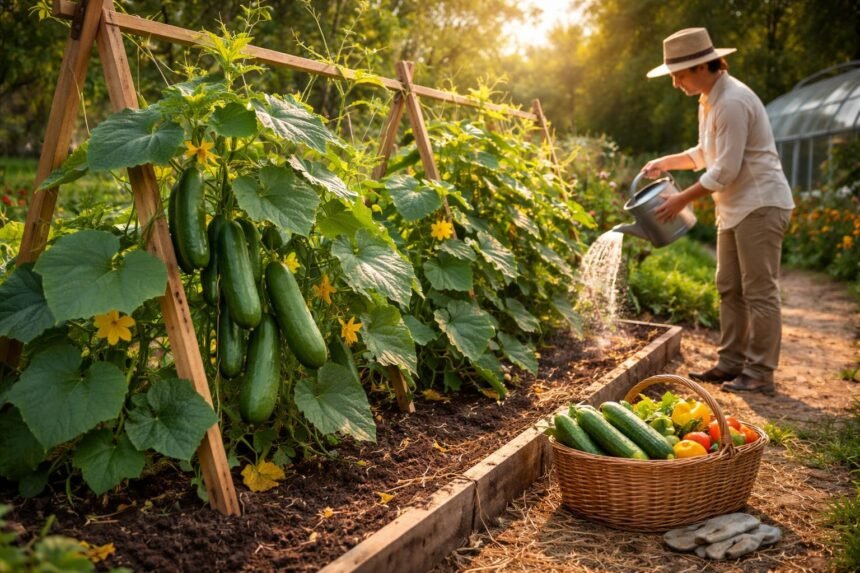 Gurken im Garten; sonnig, frisch geerntet; Rankhilfen, Tropfbewässerung und Pflege.