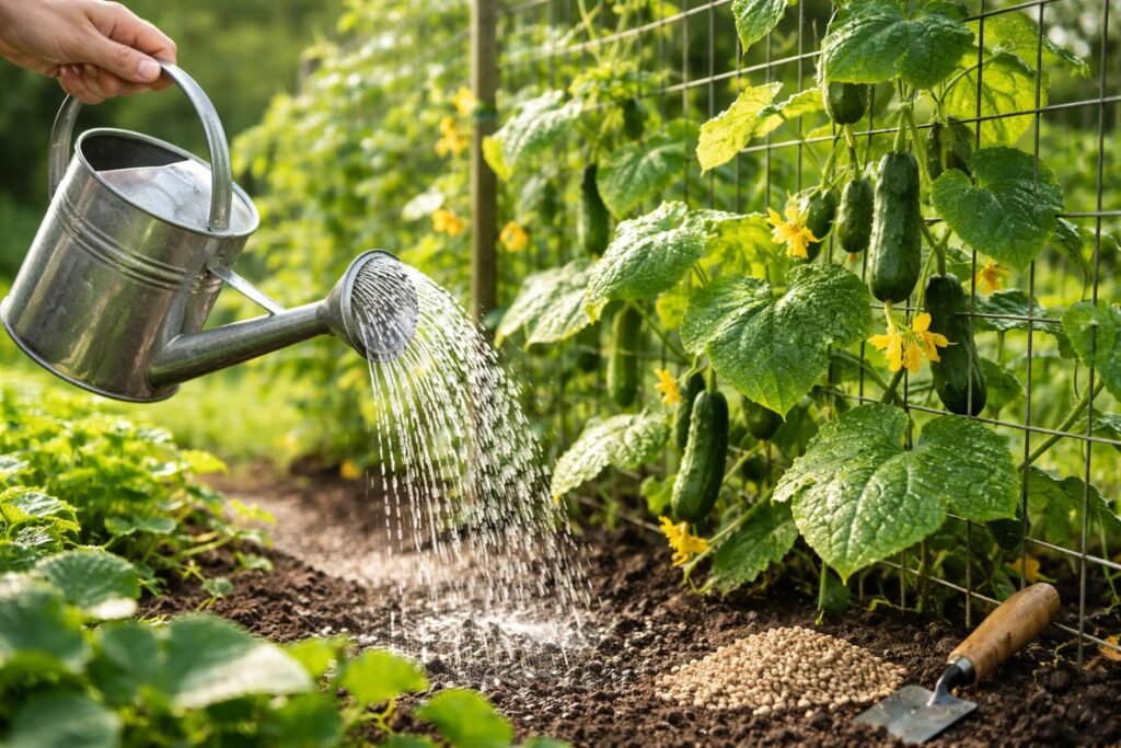 Gurke wird gegossen, gedüngt und an einer Rankhilfe im Garten hochgezogen
